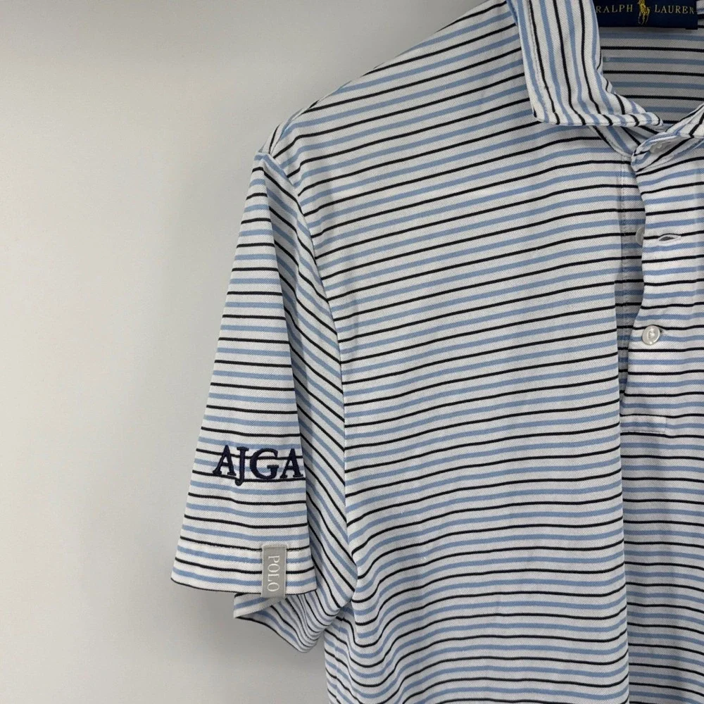 Ralph Lauren Pro Fit Golf Polo Shirt Mens Medium Blue White Striped AJGA Logo